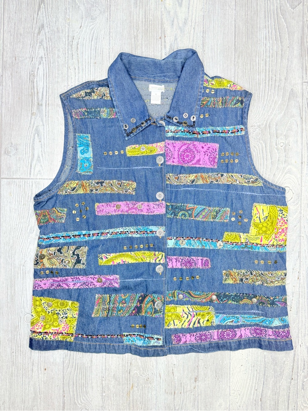 Tantrums cotton sleeveless button front jacket shirt vest 1x patchwork style